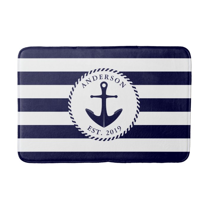 navy and white bath mat