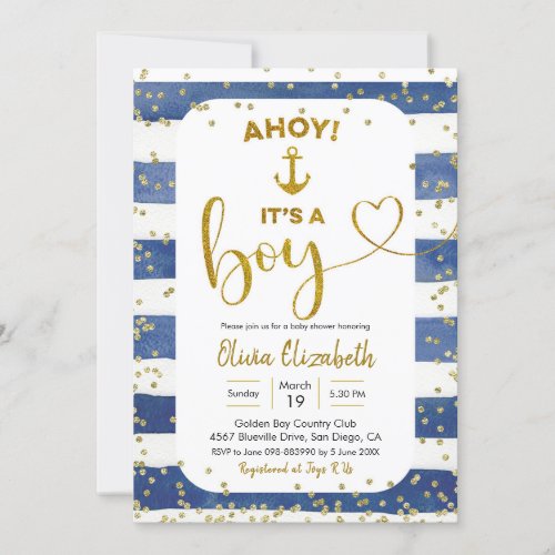 Anchor Navy Blue and Gold Stripes Its a Boy Invitation