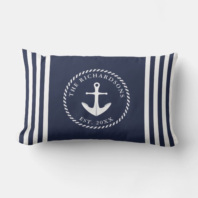 Anchor Navy Blue and White Personalized Nautical Lumbar Pillow (Front)