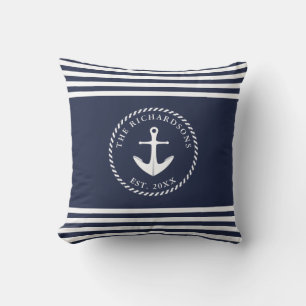 Anchor Navy Blue and White Striped Coastal Style Throw Pillow