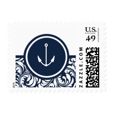 Anchor Navy Blue Damask Beach Theme Wedding Postage Anchor Navy Blue Damask Beach Theme Wedding Postage