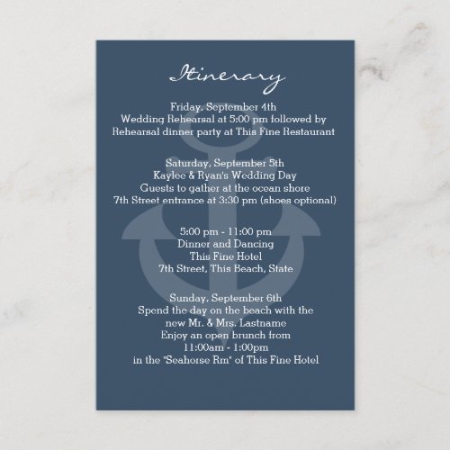 Anchor Navy Blue Intinerary Customized Announcement Card