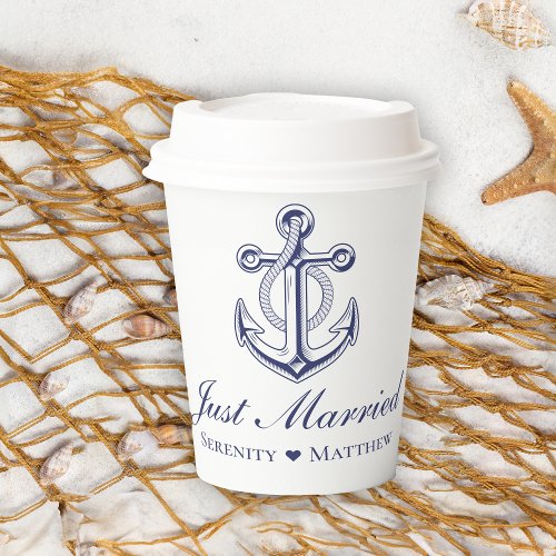 Anchor Navy Blue Just Married Nautical Wedding Paper Cups