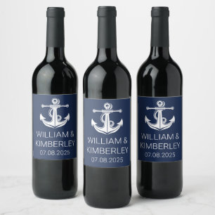 Anchor Navy Blue Nautical Elegant Wedding  Wine Label