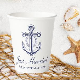 Anchor Navy Blue Nautical Just Married Wedding Paper Cups