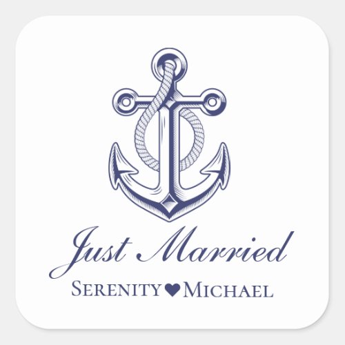 Anchor Navy Blue Nautical Just Married Wedding  Square Sticker