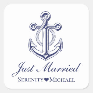 Anchor Navy Blue Nautical Just Married Wedding Square Sticker
