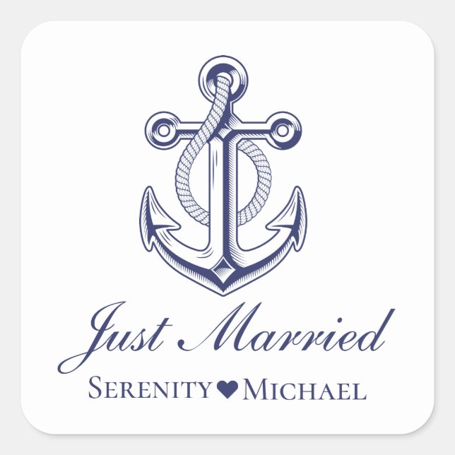 Anchor Navy Blue Nautical Just Married Wedding  Square Sticker (Front)