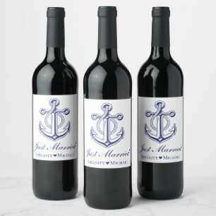Anchor Navy Blue Nautical Just Married Wedding  Wine Label
