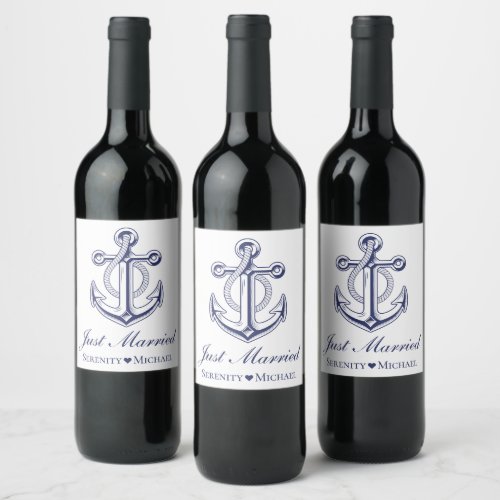 Anchor Navy Blue Nautical Just Married Wedding  Wine Label