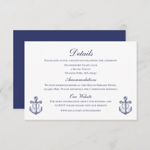 Anchor Navy Blue Nautical Wedding Details Enclosure Card