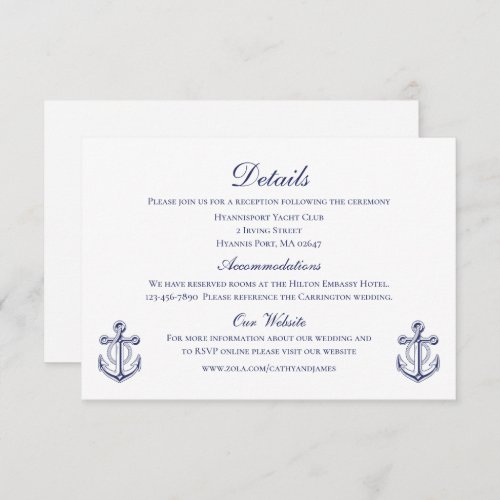 Anchor Navy Blue Nautical Wedding Details Enclosure Card