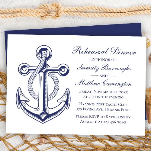 Anchor Navy Blue Nautical Wedding Rehearsal Dinner Invitation