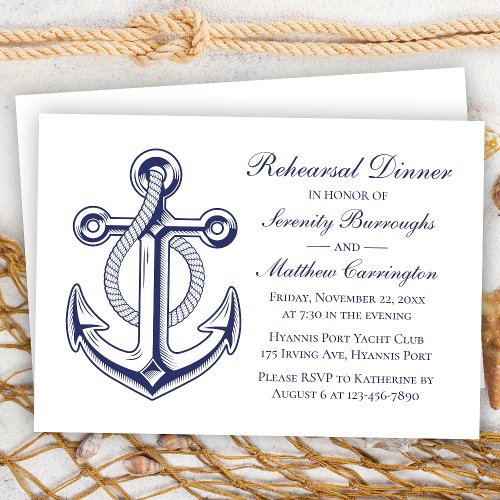 Anchor Navy Blue Nautical Wedding Rehearsal Dinner Invitation