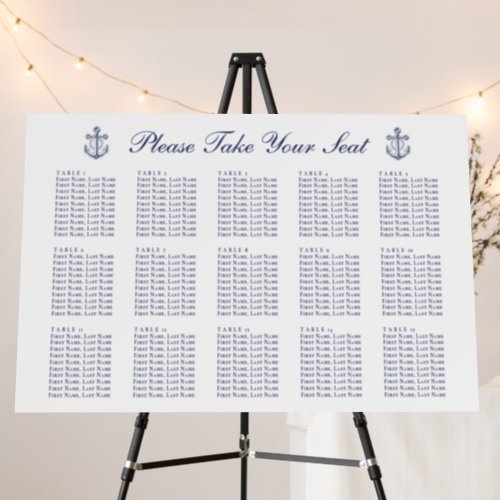 Anchor Navy Blue Nautical Wedding Seating Chart  Foam Board