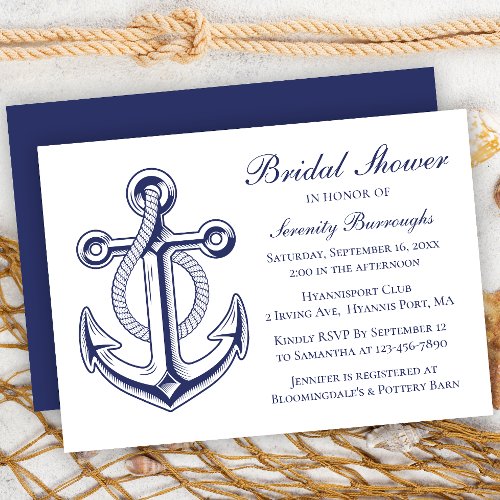 Anchor Navy Blue Sailor Nautical Bridal Shower Invitation