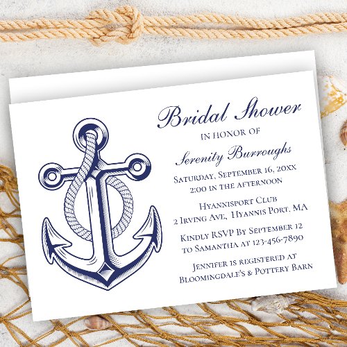 Anchor Navy Blue Sailor Nautical Bridal Shower Invitation