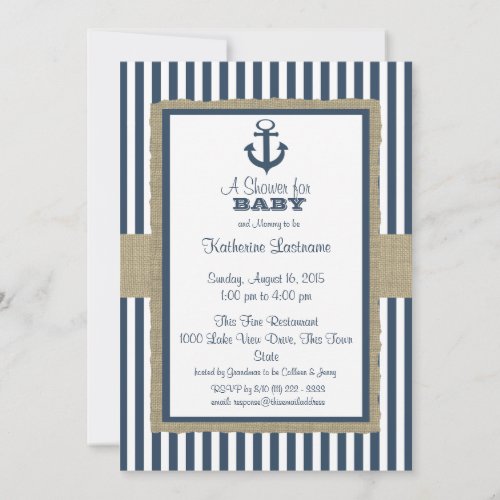 Anchor Navy Blue Stripes Baby Shower Card