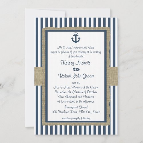 Anchor Navy Blue Stripes Beach Wedding Personalized Invitation