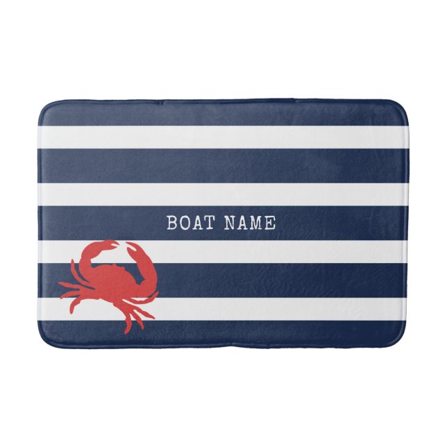 Anchor Navy Blue Stripes Red Crab Boat Name Bath Mat (Front)