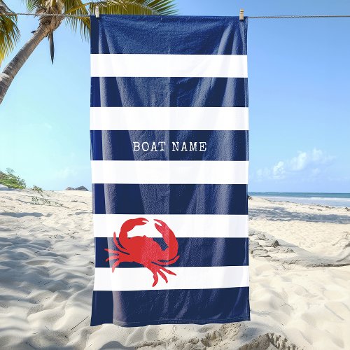 Anchor Navy Blue Stripes Red Crab Boat Name Beach Towel