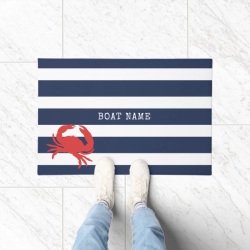 Anchor Navy Blue Stripes Red Crab Boat Name Doormat