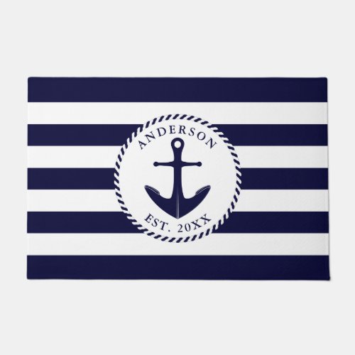 Anchor Navy Blue White Personalized Nautical Doormat