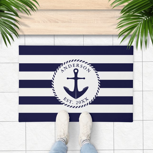 Anchor Navy Blue White Personalized Nautical Doormat (Navy Blue and White Personalized Nautical Doormat with Anchor and Stripes)