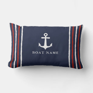 Anchor Navy Blue White Red Custom Name Nautical Lumbar Pillow