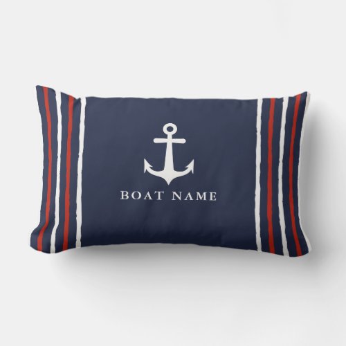 Anchor Navy Blue White Red Custom Name Nautical Lumbar Pillow