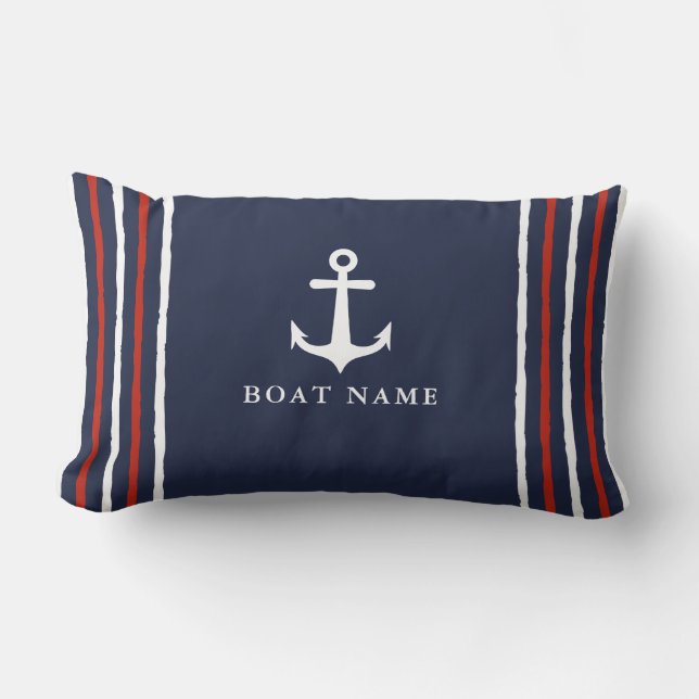 Anchor Navy Blue White Red Custom Name Nautical Lumbar Pillow (Front)