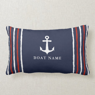 Anchor Navy Blue White Red Custom Name Nautical Lumbar Pillow