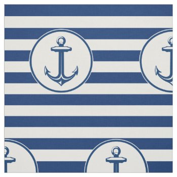 Anchor Navy Blue White Stripes Fabric by BestPatterns4u at Zazzle