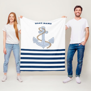 Anchor Navy Blue White Stripes Fleece Blanket