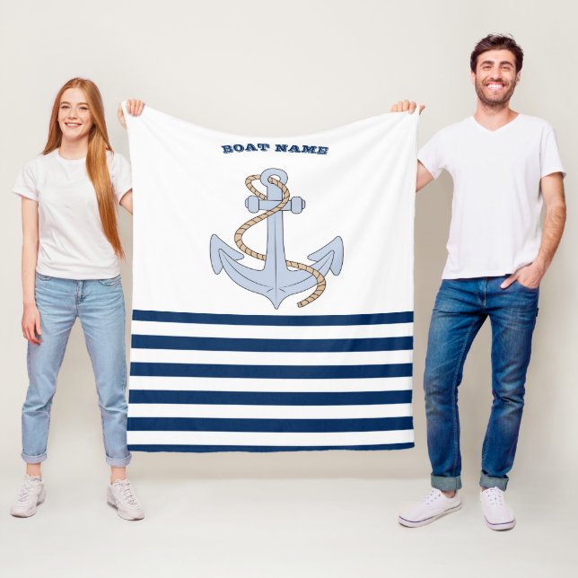 Anchor  Navy Blue White Stripes Fleece Blanket (In Situ)