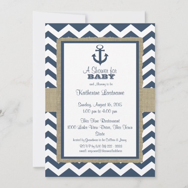 Anchor Navy Blue Zigzag Baby Shower Invitation (Back)