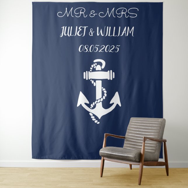 Anchor Navy Mr & Mrs Wedding Backdrop banner (In Situ)