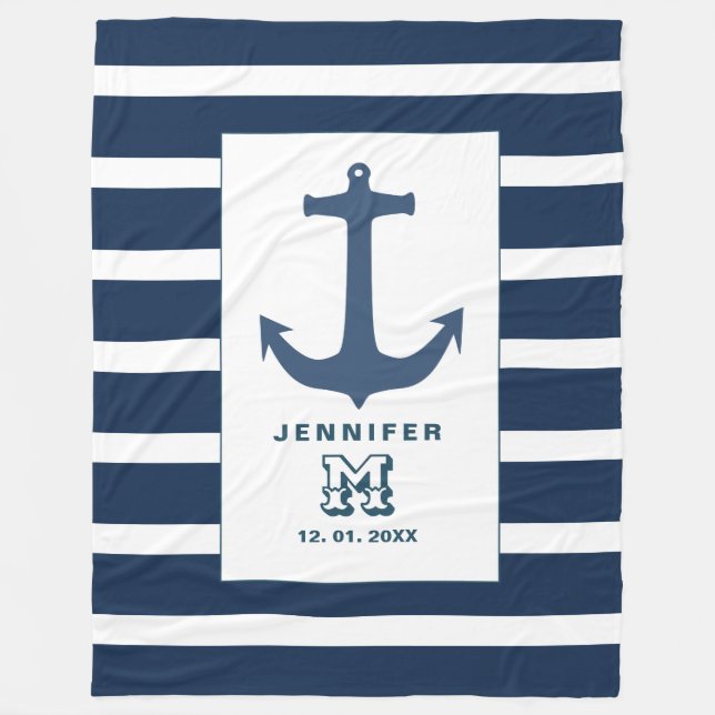 Anchor navy stripes Fleece Blanket (Front)