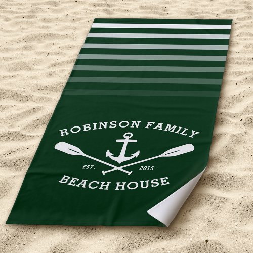 Anchor Oars Family Name Beach House Forest Green Beach Towel