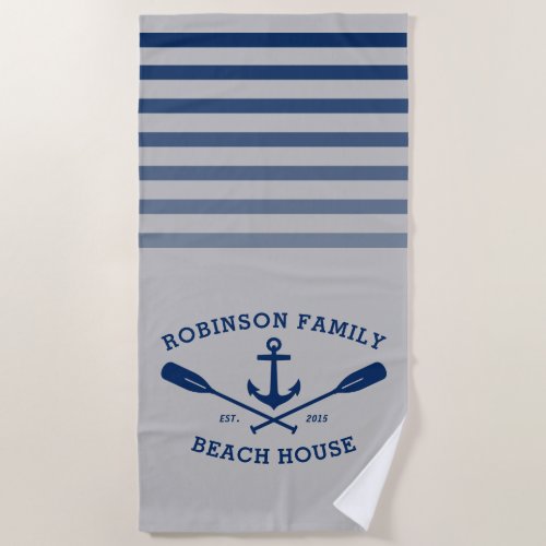 Anchor Oars Family Name Beach House Gray  Blue Beach Towel