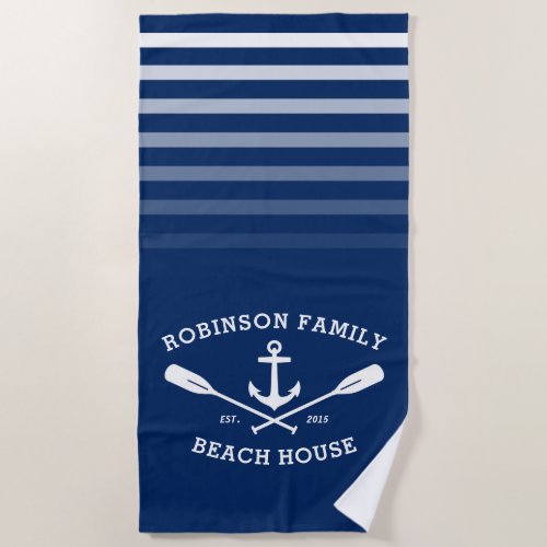 Anchor Oars Family Name Beach House Navy Blue Beach Towel