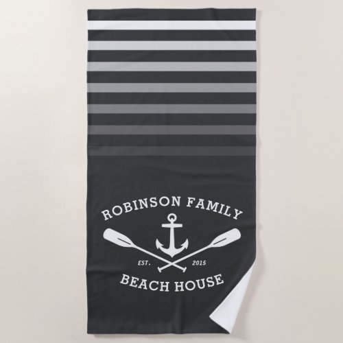 Anchor Oars Family Name Beach House Ship Gray Beach Towel