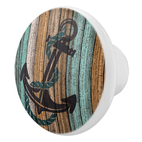 Anchor On Antique Weathered Wooden Planks Pattern Ceramic Knob