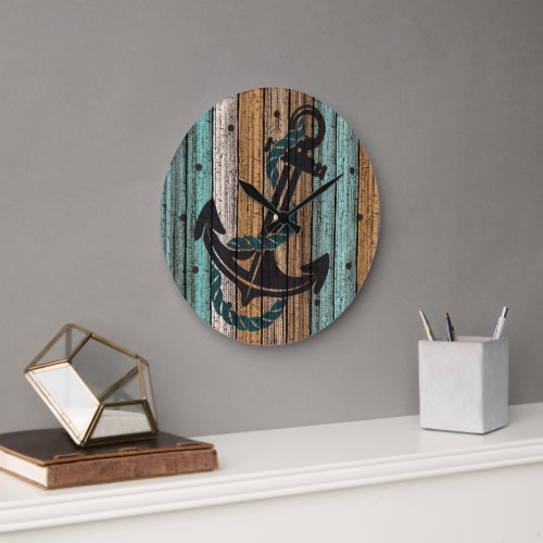Anchor On Antique Weathered Wooden Planks Pattern Large Clock