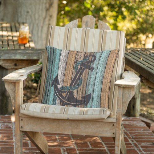 Anchor On Antique Weathered Wooden Planks Pattern Outdoor Pillow