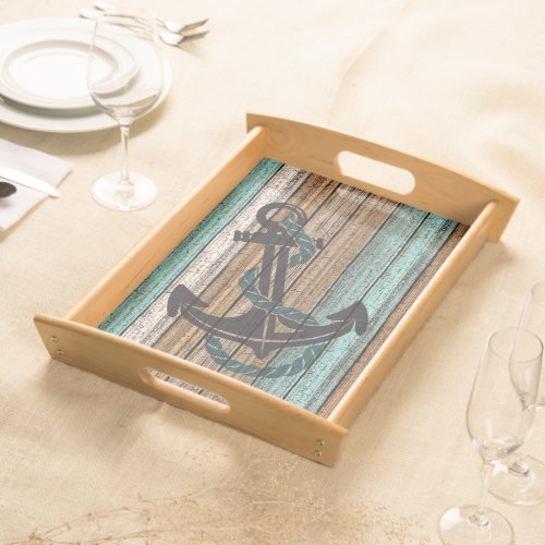 Anchor On Antique Weathered Wooden Planks Pattern Serving Tray