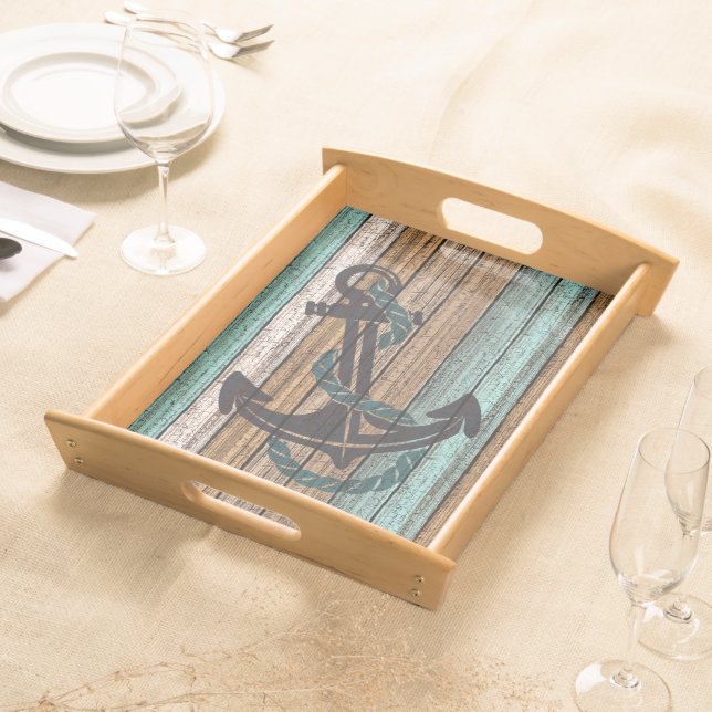 Anchor On Antique Weathered Wooden Planks Pattern Serving Tray (Front)