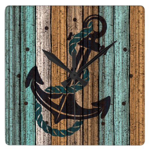 Anchor On Antique Weathered Wooden Planks Pattern Square Wall Clock