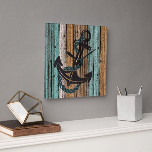Anchor On Antique Weathered Wooden Planks Pattern Square Wall Clock