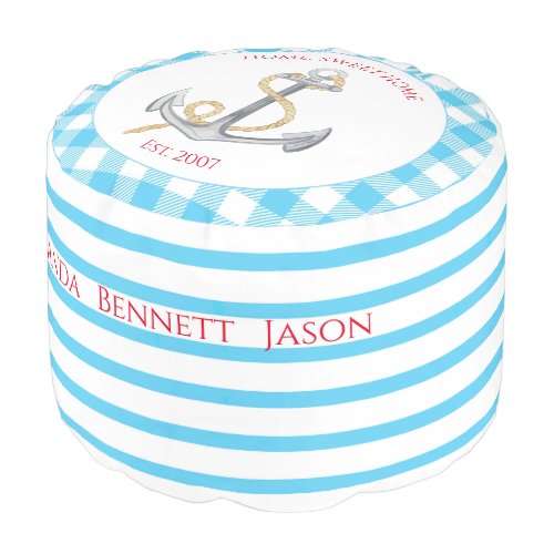 Anchor on Baby blue white checkered custom text Pouf
